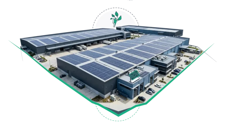 Proposed rooftop solar array layout across three warehouse buildings at Acre Road